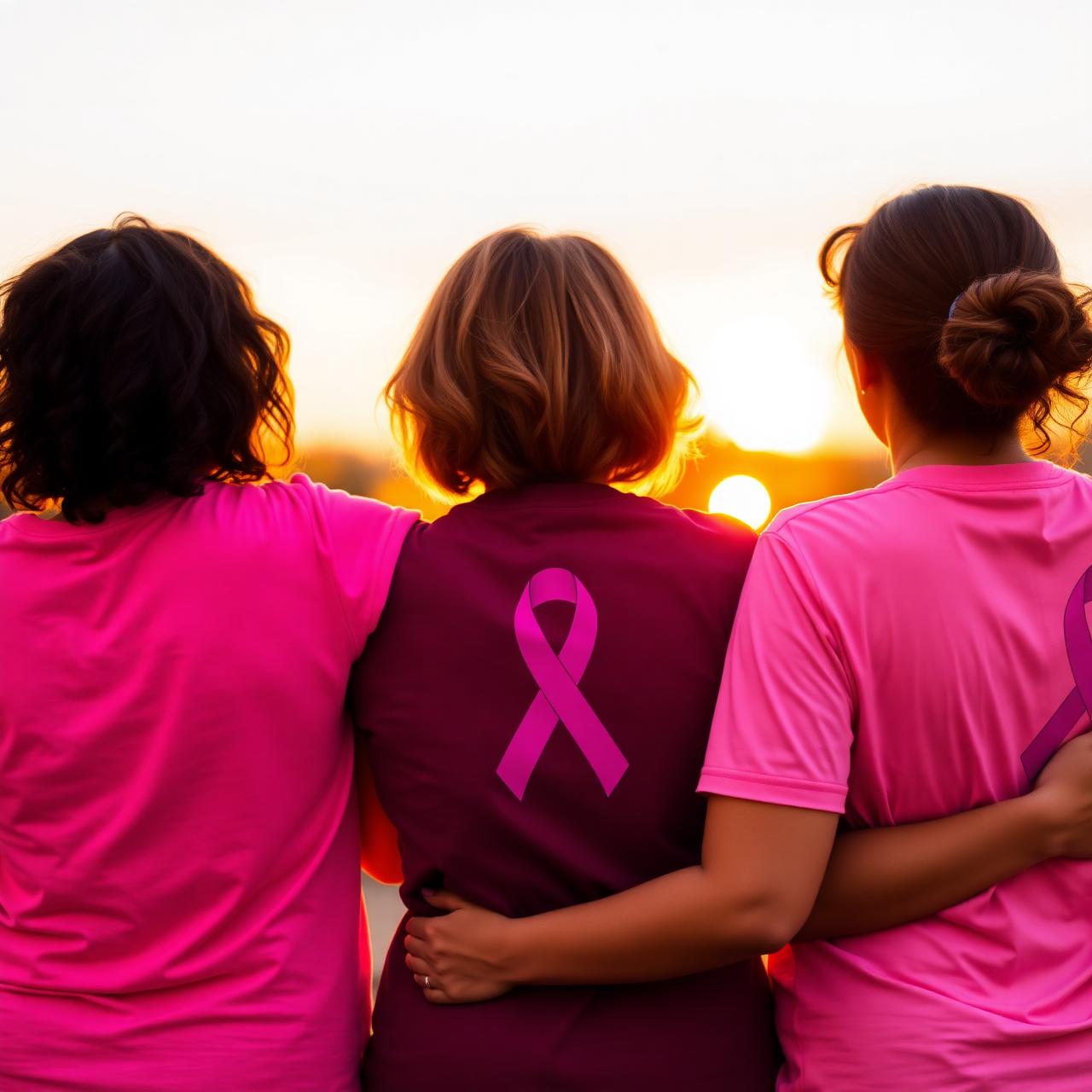 Three women in pink embracing in solidarity at sunset